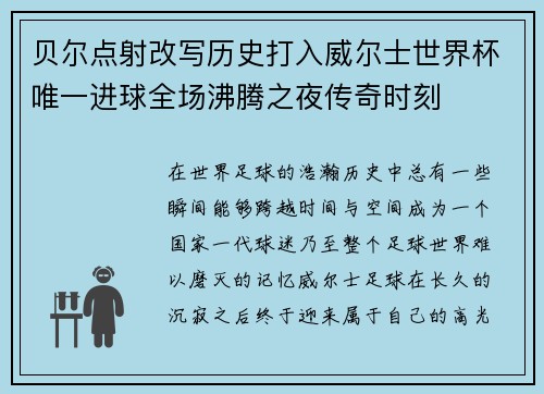 贝尔点射改写历史打入威尔士世界杯唯一进球全场沸腾之夜传奇时刻