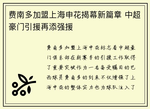 费南多加盟上海申花揭幕新篇章 中超豪门引援再添强援